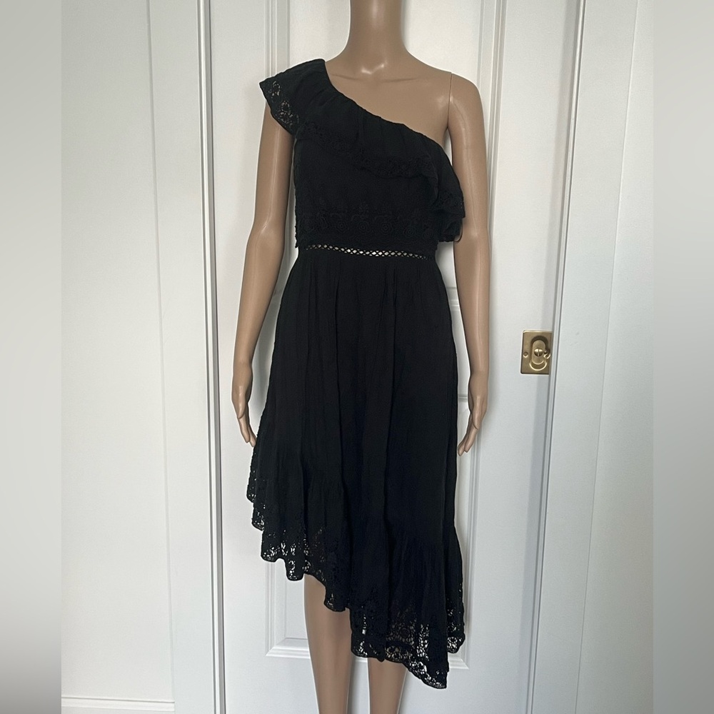 Loveshackfancy black one shoulder embroidered sun dress